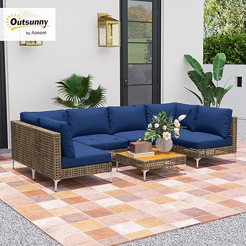 Miniatura 3 de Outsunny Juego de muebles de mimbre de 7 piezas, modular para exteriores con cojines gruesos, juego de conversación de muebles de ratán para