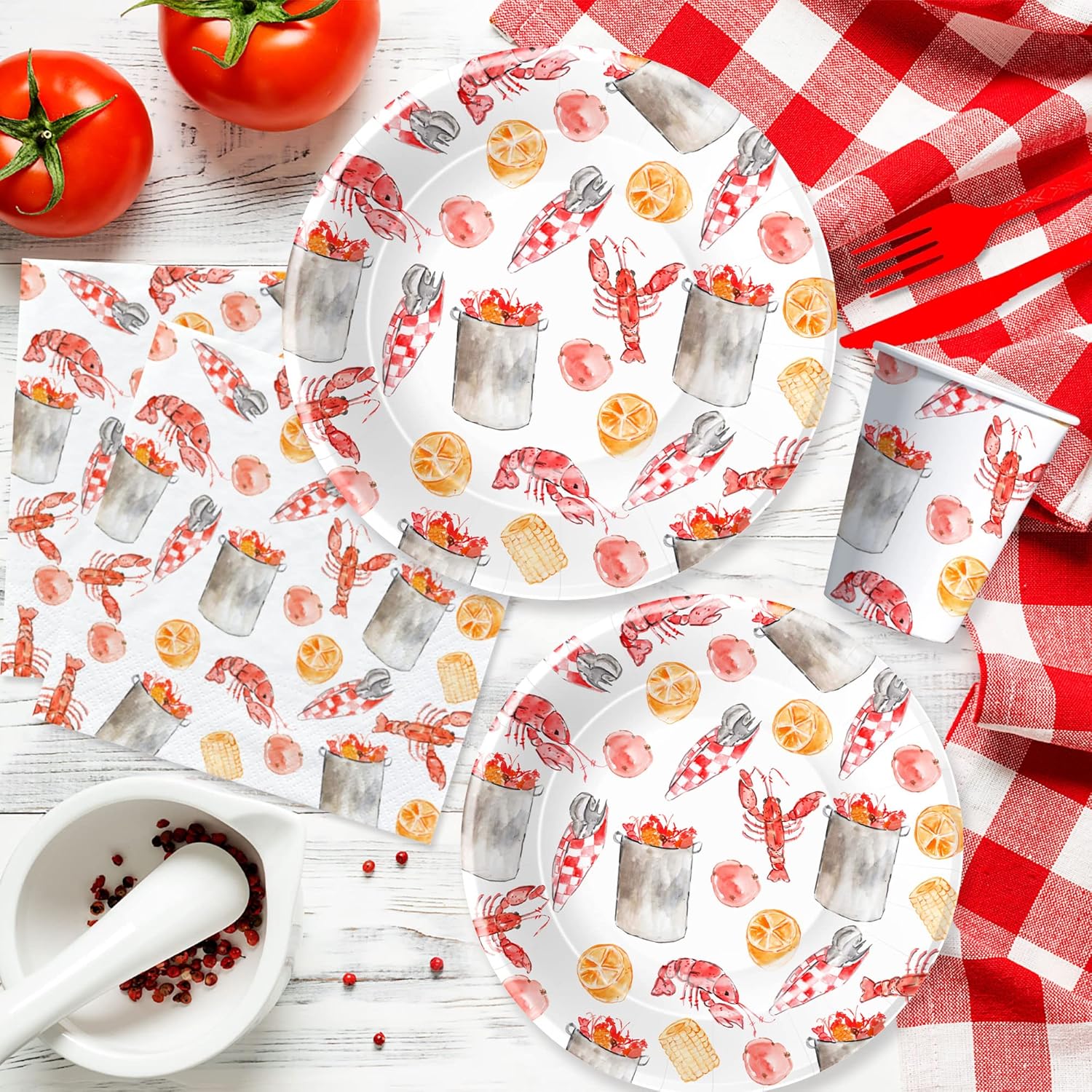 APOWBLS Crawfish Boil Party Supplies - Lobster Decorations Tableware, Plate, Cup, Napkin, Tablecloth, Cutlery - Crayfish Crab Seafood Shrimp Theme Party Supplies for Birthday | Serve 24