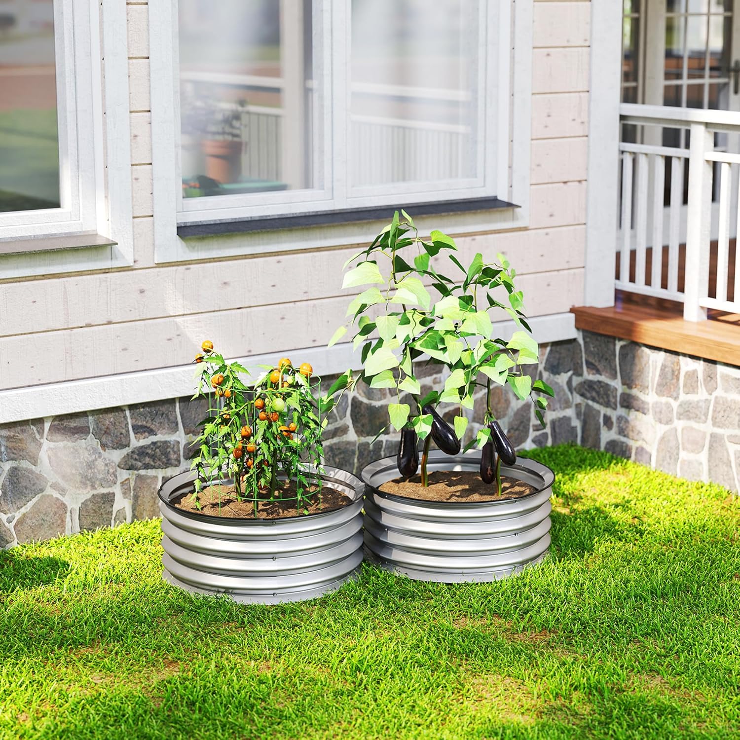Outsunny Galvanized Raised Garden Bed Set of 2, Planters for Outdoor Plants with Safety Edging, Easy-to-Assemble Stock Tanks for Growing Flowers, Herbs and Vegetables, 2' x 2' x 1', Silver