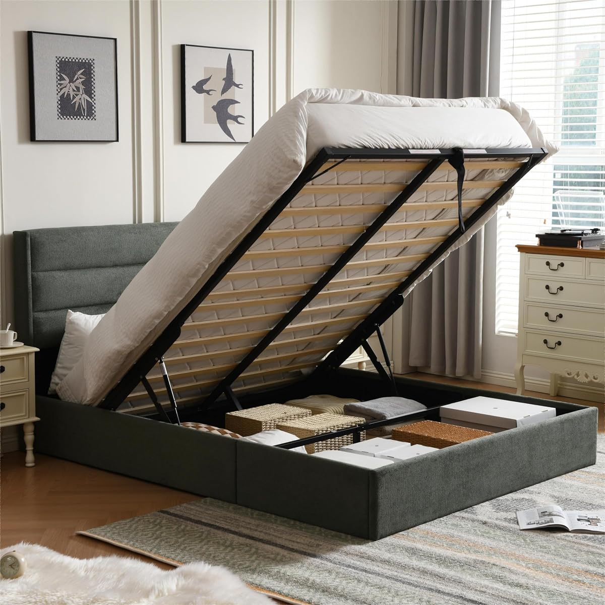 YUHUASHI Hydraulic Lift Up Storage Bed Frame，Modern upholstered Headboard