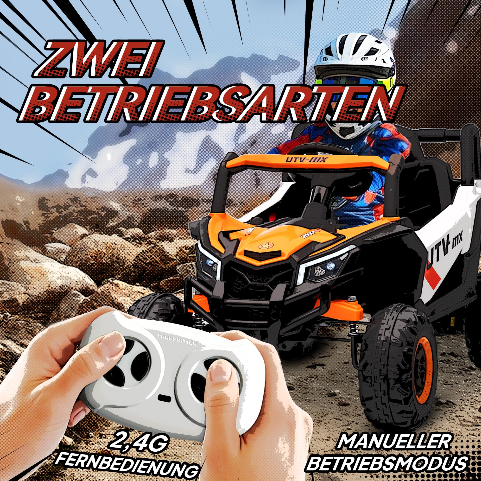 AIYAPLAY Kinder Elektroauto 12V mit 2,4 GHz Fernbedienung 2 Motor Orange | Kinderauto UTV, Kinderfahrzeug, Softstart, Federungssystem, LED-Leuchten, Musik, USB-Anschluss, Hupe, Für 3-5 Jahre