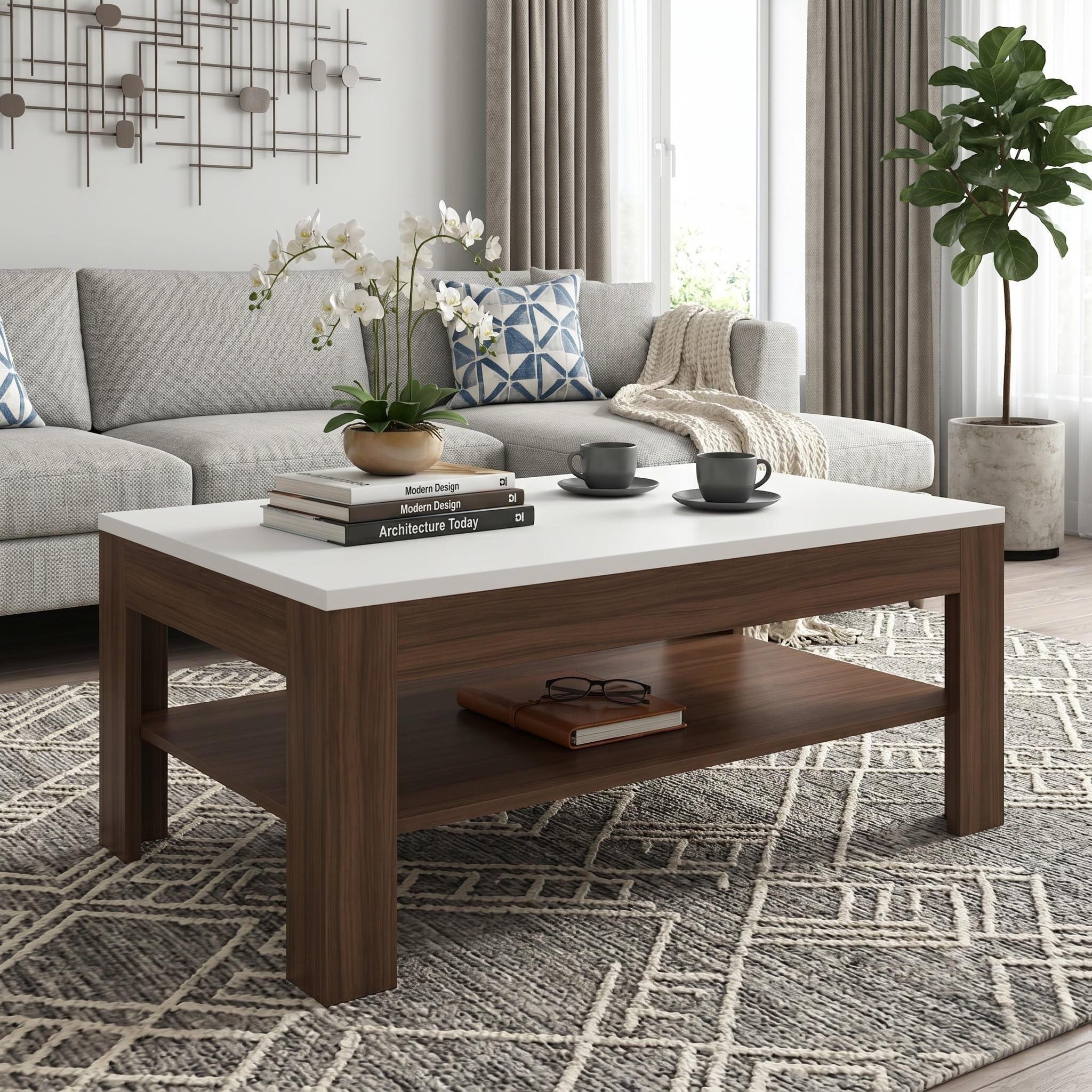 Wooden Coffee Table | Modern Compact Centre Table with Open Storage Shelf | 18MM Engineered Wood Living Room Tea Table | Brown - CT2-image-9