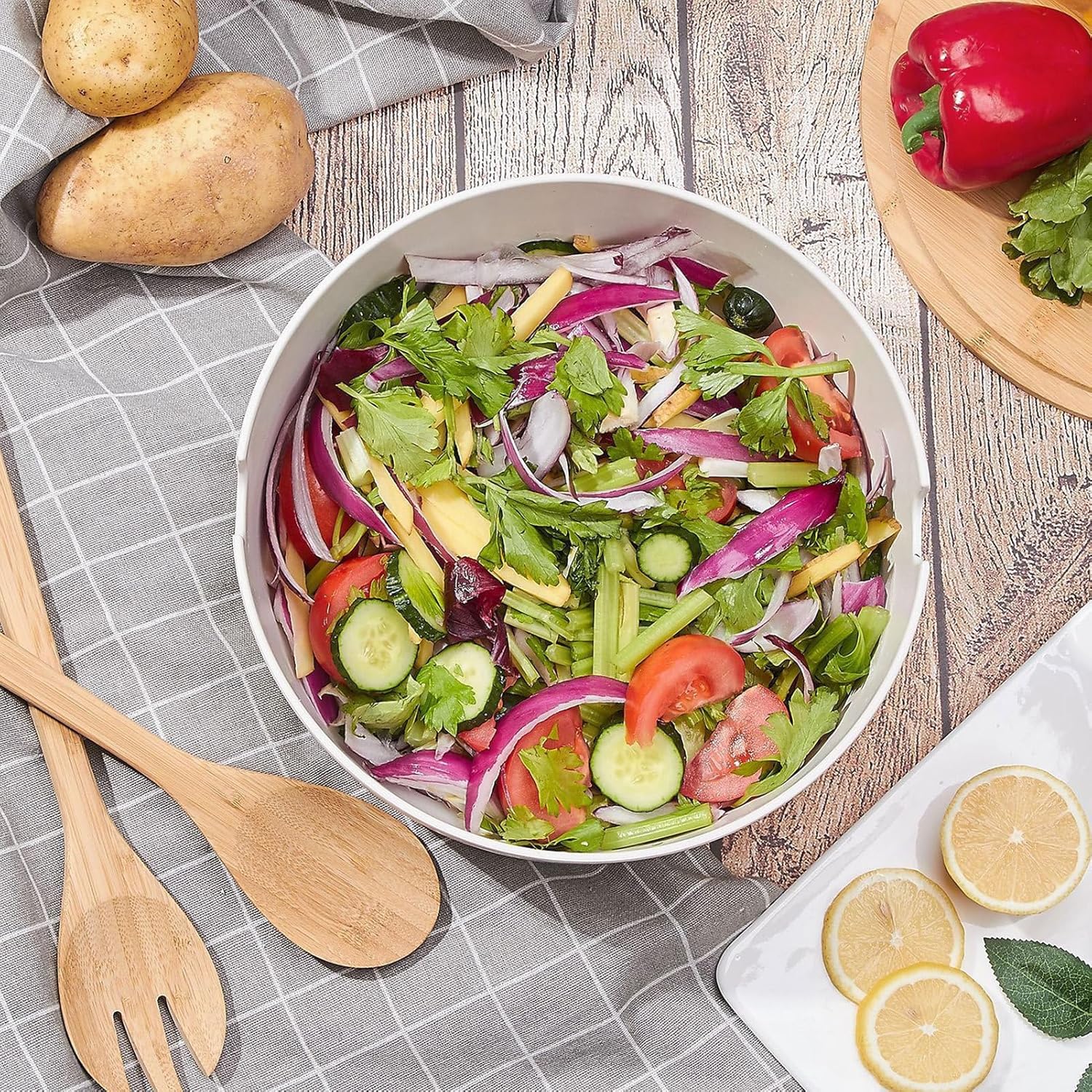 サラダサービングボウル,大容量サーバーボウル サラダ容器,スプーンとフォーク付き食品容器 - キッチン混合調理食事準備野菜ラーメンラ