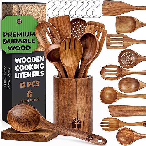 Woodenhouse - Cucharas de madera para cocinar, juego de utensilios de cocina de madera con soporte, soporte para cuchara y ganchos, utensilios de