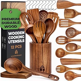 Wooden Spoons for Cooking – Wooden Cooking Utensils Set with Holder, Spoon Rest & Hooks, Teak Wood Nonstick Kitchen Cookware – Durable Set of 12pcs by Woodenhouse