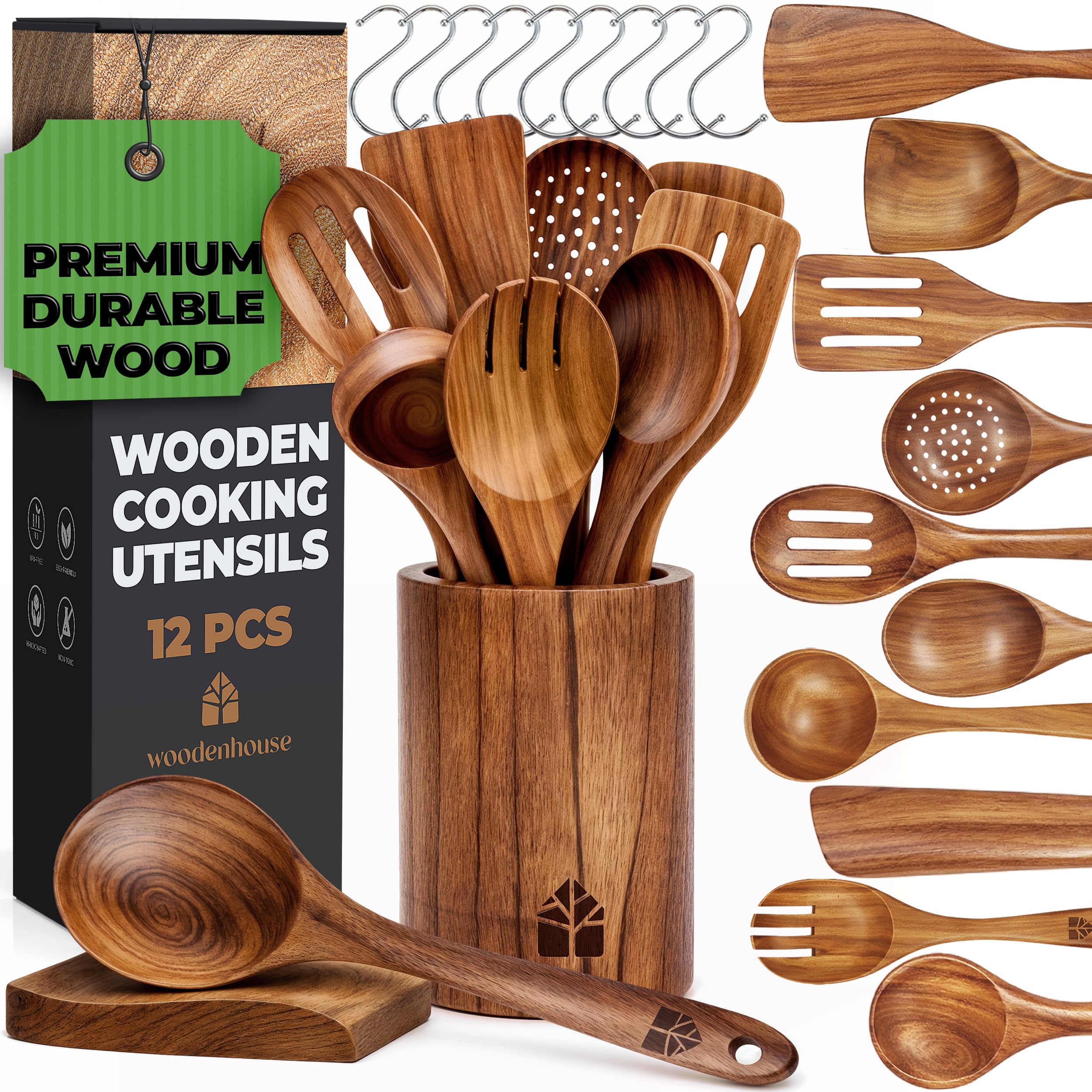 Wooden Spoons for Cooking – Wooden Cooking Utensils Set with Holder, Spoon Rest & Hooks, Teak Wood Nonstick Kitchen Cookware – Durable Set of 12pcs by Woodenhouse