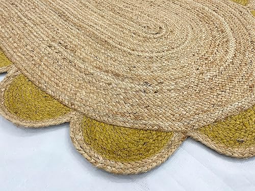 Miniatura 4 de ARTS OF JAIPUR Collection - Alfombra de pasillo de 2.6 x 4 pies, hecha a mano india, de yute natural, alfombra trenzada con festoneada amarilla,