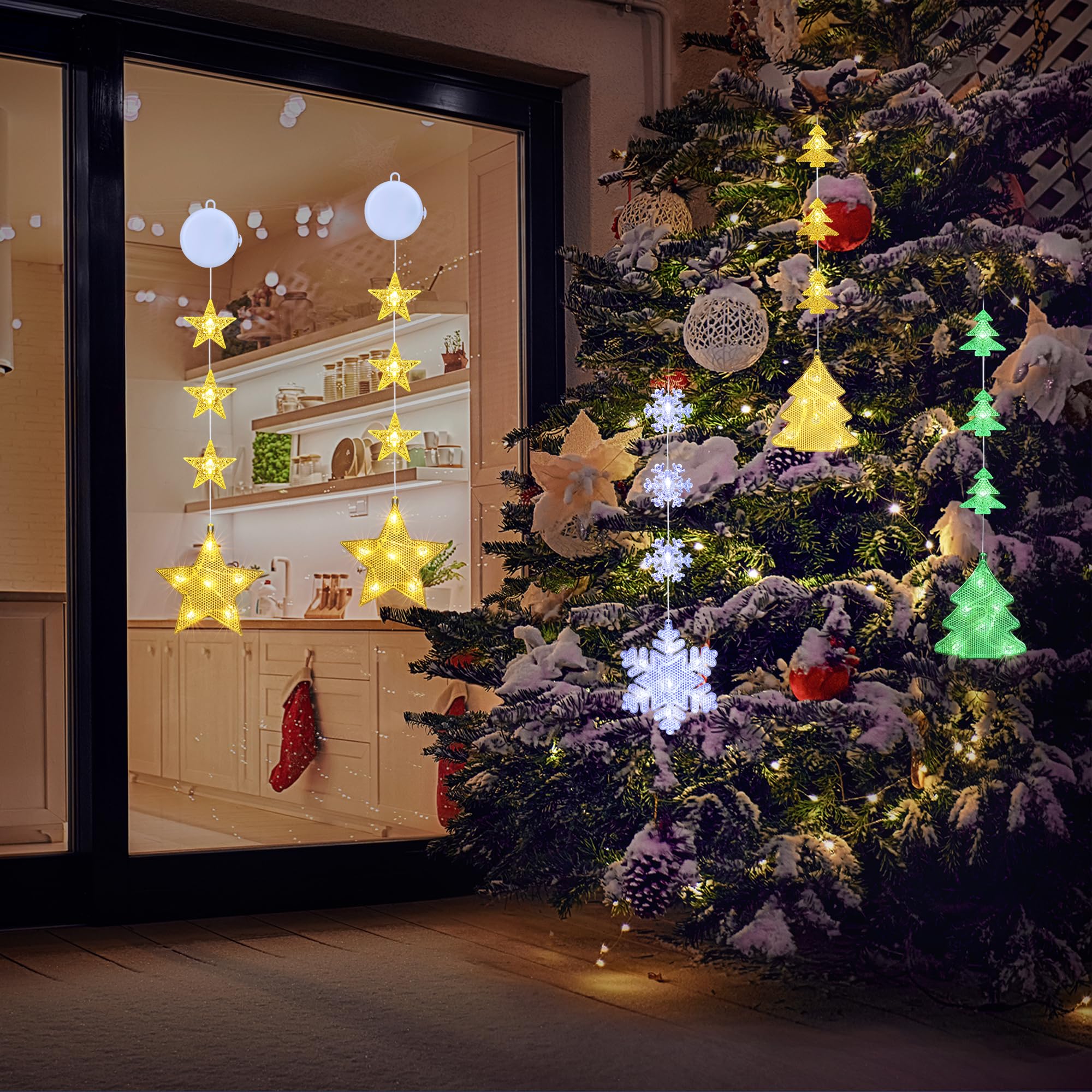 Qedertek Luci di Natale - 2 Pezzi Tenda Luminosa con Fiocco di Neve, Tenda Luci Natalizie a Batteria, Bianco, 2 Modalità, Timer, Luci Natale Decorativa per Albero di Natale, Finestra, Porta, Bar
