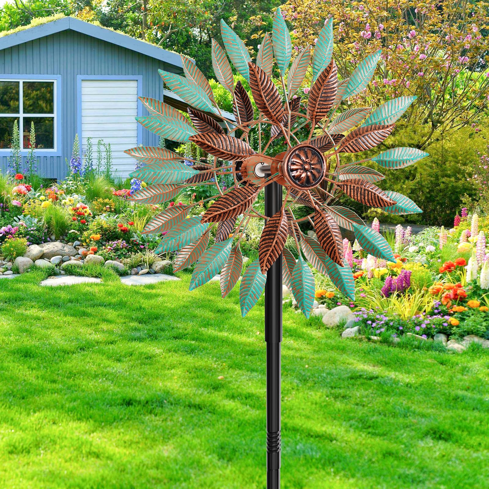 Wind Spinner Sculpture Cinétique Métallique, Déco Jardin Extérieur à Rotation, Hauteur Ajustable avec Socle à 5 Branches, Résistant à la Rouille, Grand Format (Vert + Brun)