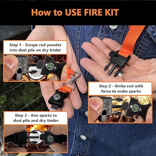 Miniatura 7 de Llavero táctico 5 en 1 para camping, pesca, caza, emergencia al aire libre, herramienta de supervivencia con barra de pedernal y silbato de brújula