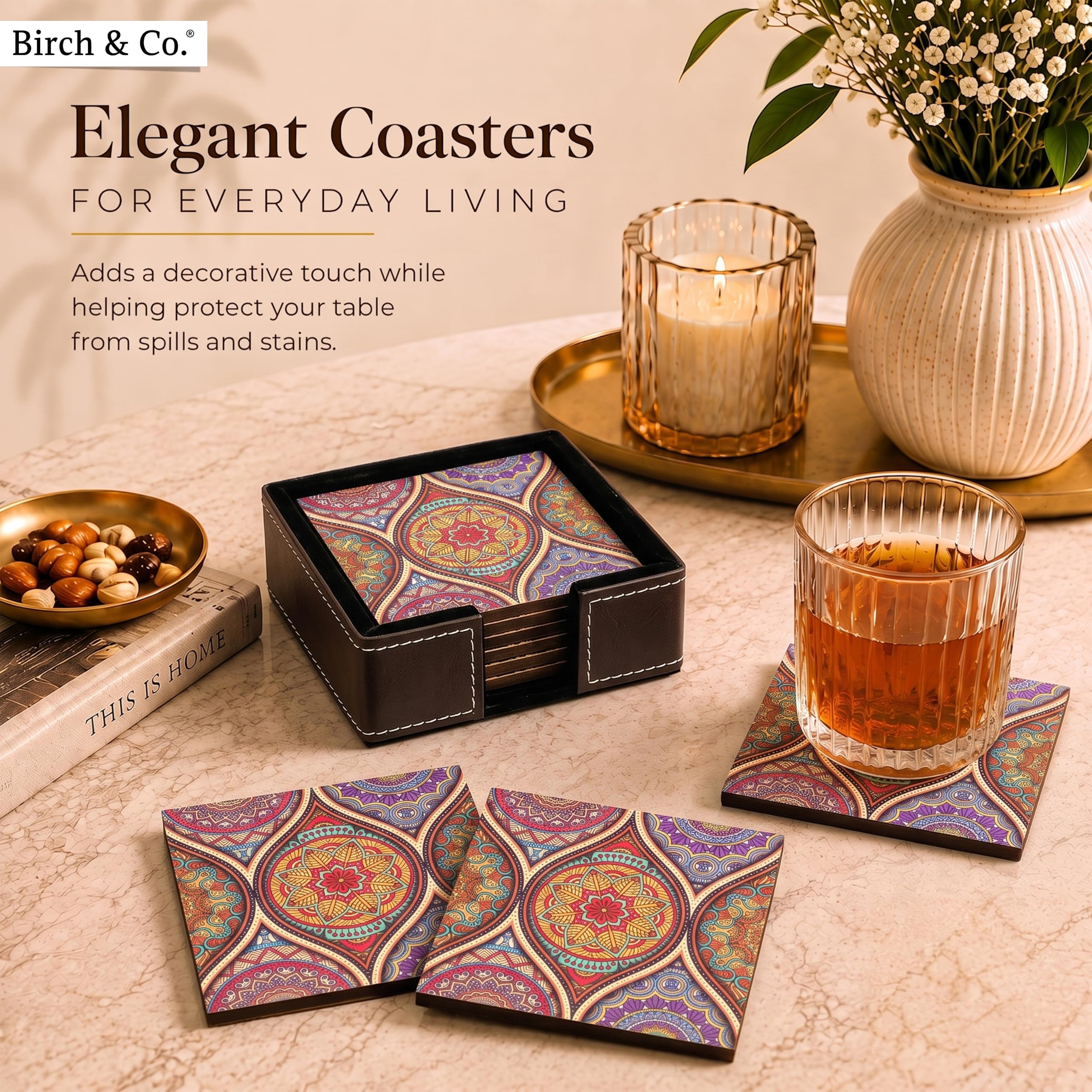 Birch & Co. Leather Coasters - Tea Coaster - Dining Table Decor Accessories - Coster Set For Dining Table For Hot Pots - Coasters For Cups Set Of 6 -Durable And Long-Lasting, Premium Finish, Mandala — Amazon image 5