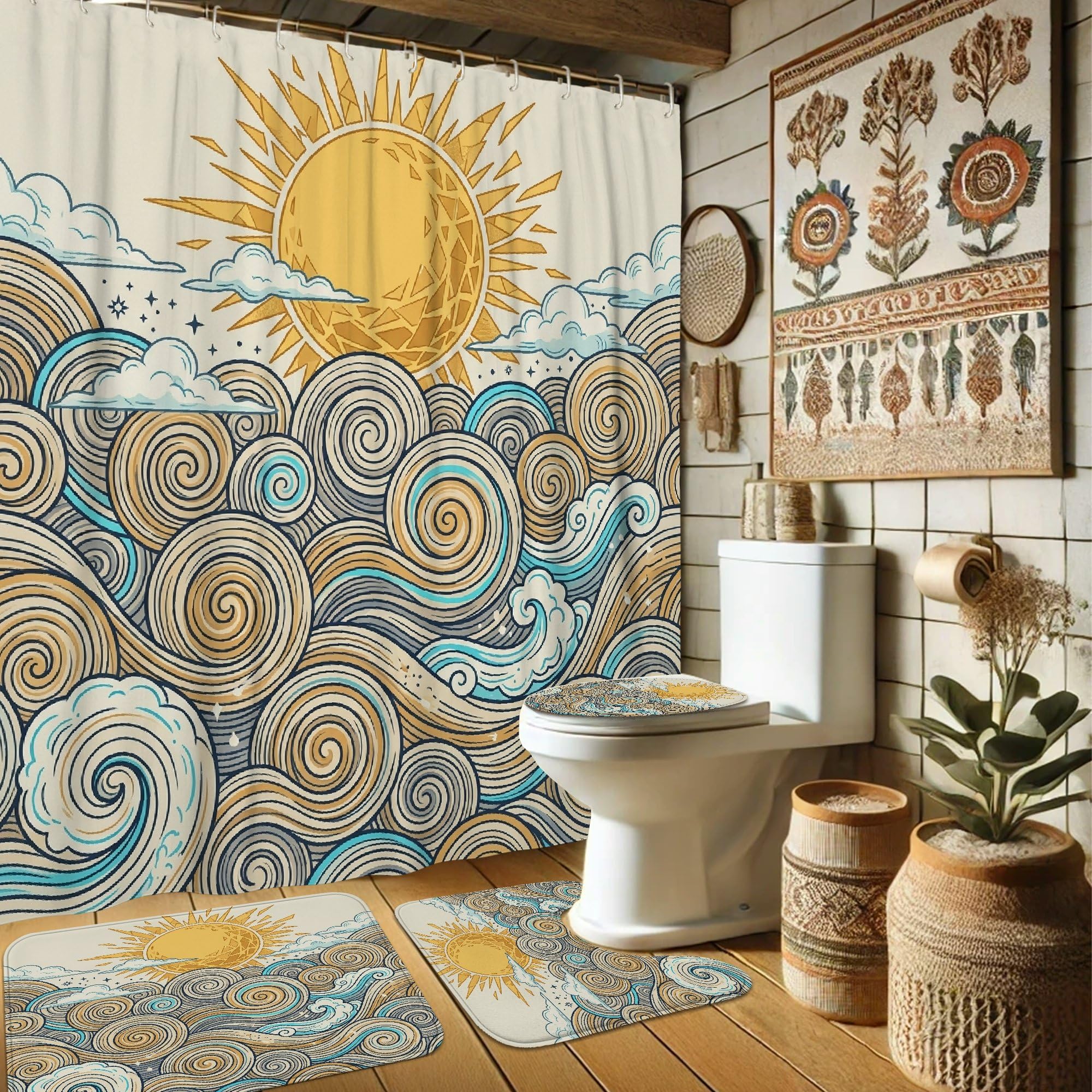 Rideau de douche lavable à œillets motif vagues et nuages avec crochets inclus 183 x 183 cm