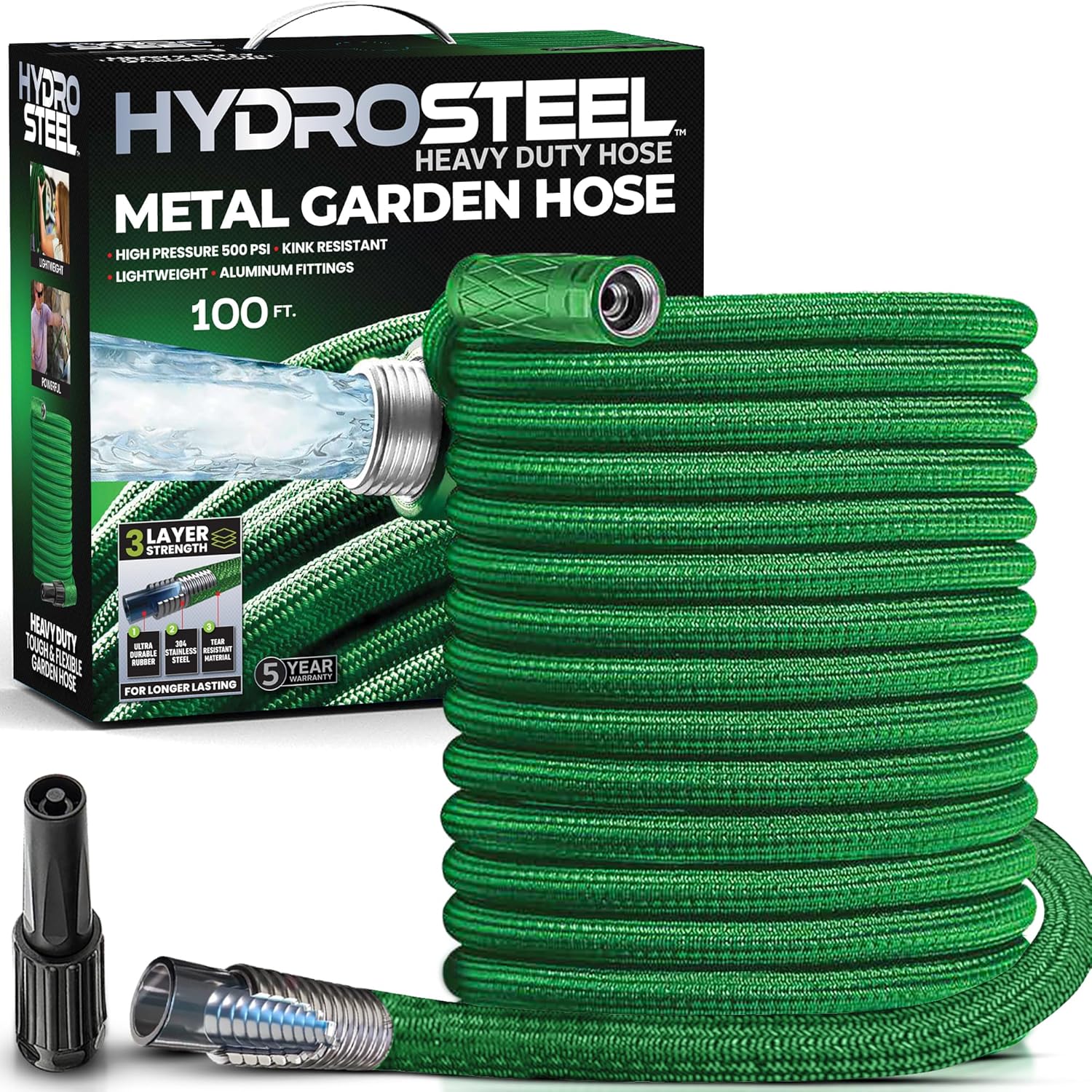 HYDROSTEEL Metal Garden Hose 100 Ft with Nozzle, Water Hose 100Ft, Heavy Duty 3x Layer Stainless Steel Flexible 100 Ft Garden Hose, Lightweight, Easy to Coil, Garden Hoses 500 PSI AS SEEN ON TV Green 100 FT