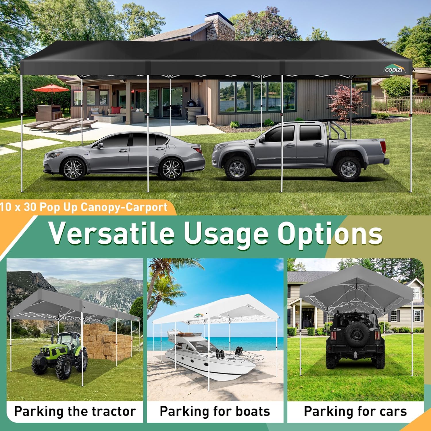 COBIZI Carport 10x30 Pop Up Canopy Car Tent with One Push Center Lock, Outdoor Portable Garage Tents for Parties UPF50+ Waterproof All-Season Car Canopy with Wheeled Bag,3 Sidewalls, Adjustable Height