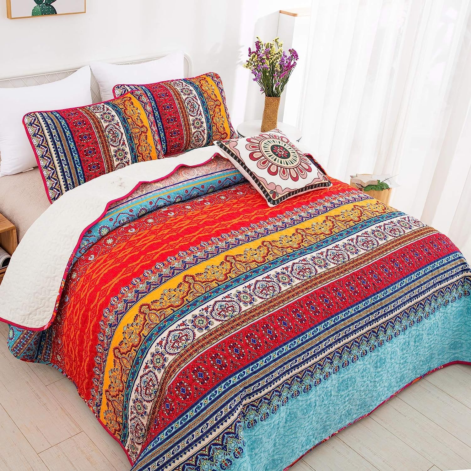 WONGS BEDDING Colcha de 200 x 220 cm, manta bohemia de 3 piezas, edredón acolchado de microfibra con 2 fundas de almohada de 50 x 75 cm para dormitorio como manta de sofá (bohemio)