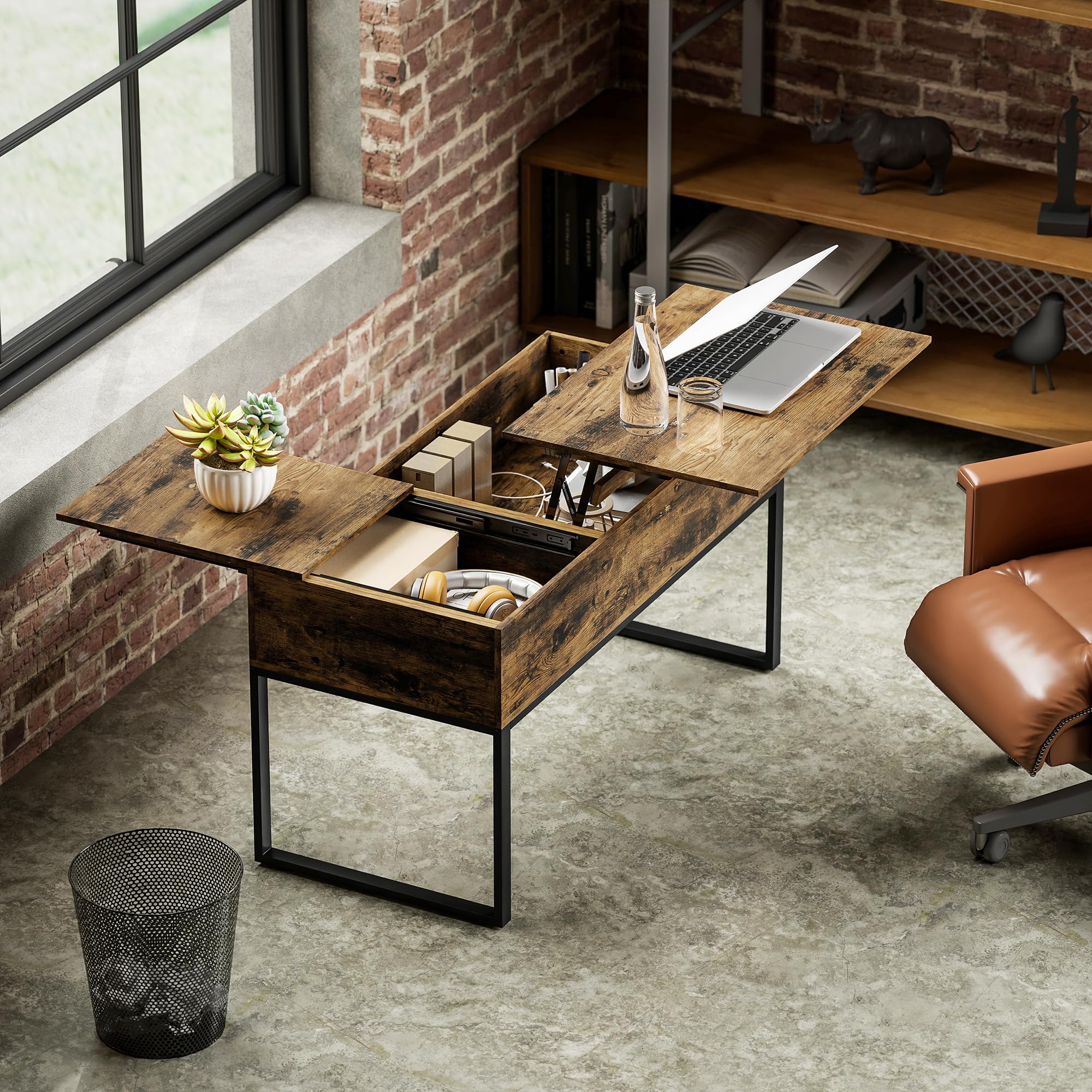 HOMCOM Mesa de Centro Elevable Cierre Suave 100x45x67 cm Marrón Rústico | Mesa de Café, Encimera Deslizante, Espacio Oculto de Almacenaje