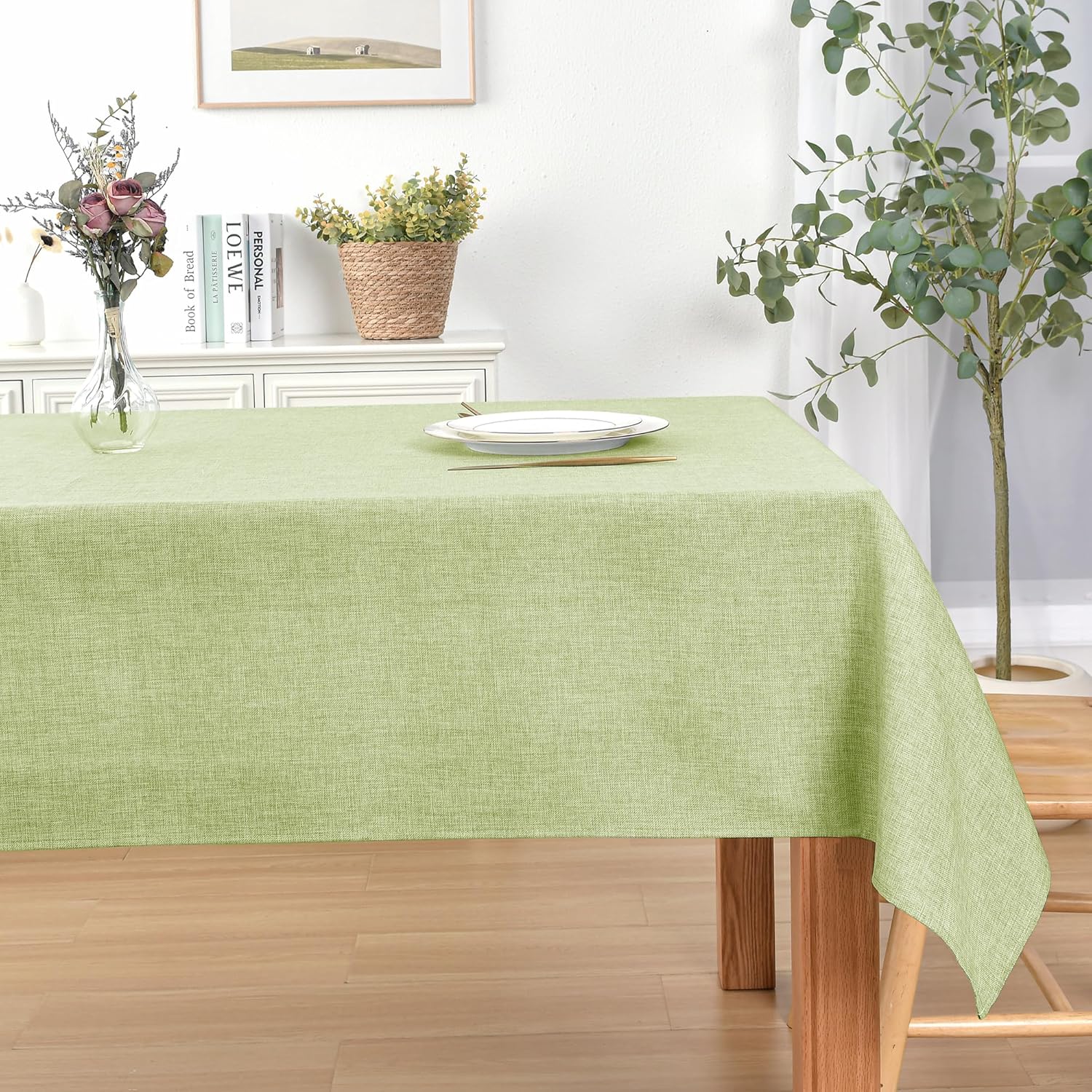 JIUZHEN Rectangle Table Cloth Faux Linen Farmhouse Tablecloth Wrinkle and Stain Resistant Decorative Fabric Table Cover for Kitchen, Dining Room, Parties and Camping, Sage Green, 70 x 108 Inch
