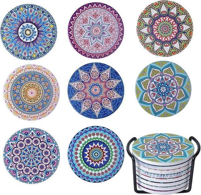 HQdeal Set of 8 Mandala Flower Ceramic Coaster, Drink Coaster Round Cup Mat Pad Set Mug Coaster with non-slip Cork Base and Holder for Cups, Mug, Wine Glass, Home, Kitchen and Bar, Presents for Friend