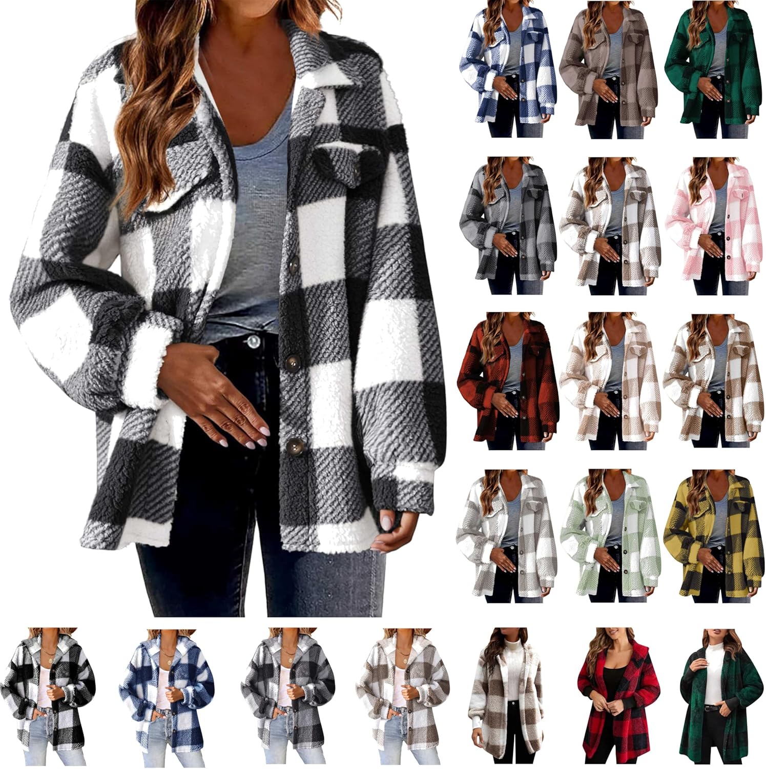 Damen Hemdjacke Kariert Mit Kapuze - Warme Fleece Jacke Für Winter Mit Knopfleiste