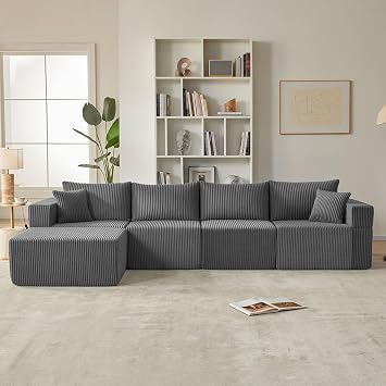 121" Boneless Couch, U Shaped Sofa, Sectional Couches for Living Room