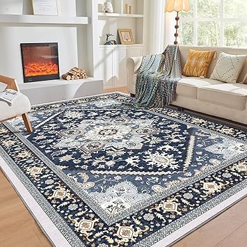 OPPODREAM Soft Area Rugs 5x7, 5x7 Washable Rug with Non Slip Backing, 5 x 7 Faux Cashmere Low-Pile Carpet, Navy Blue & Gold