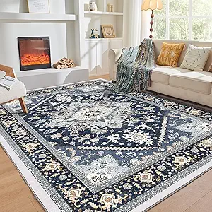 OPPODREAM Soft Area Rugs 5x7, 5x7 Washable Rug with Non Slip Backing, 5 x 7 Faux Cashmere Low-Pile Carpet, Navy Blue & Gold