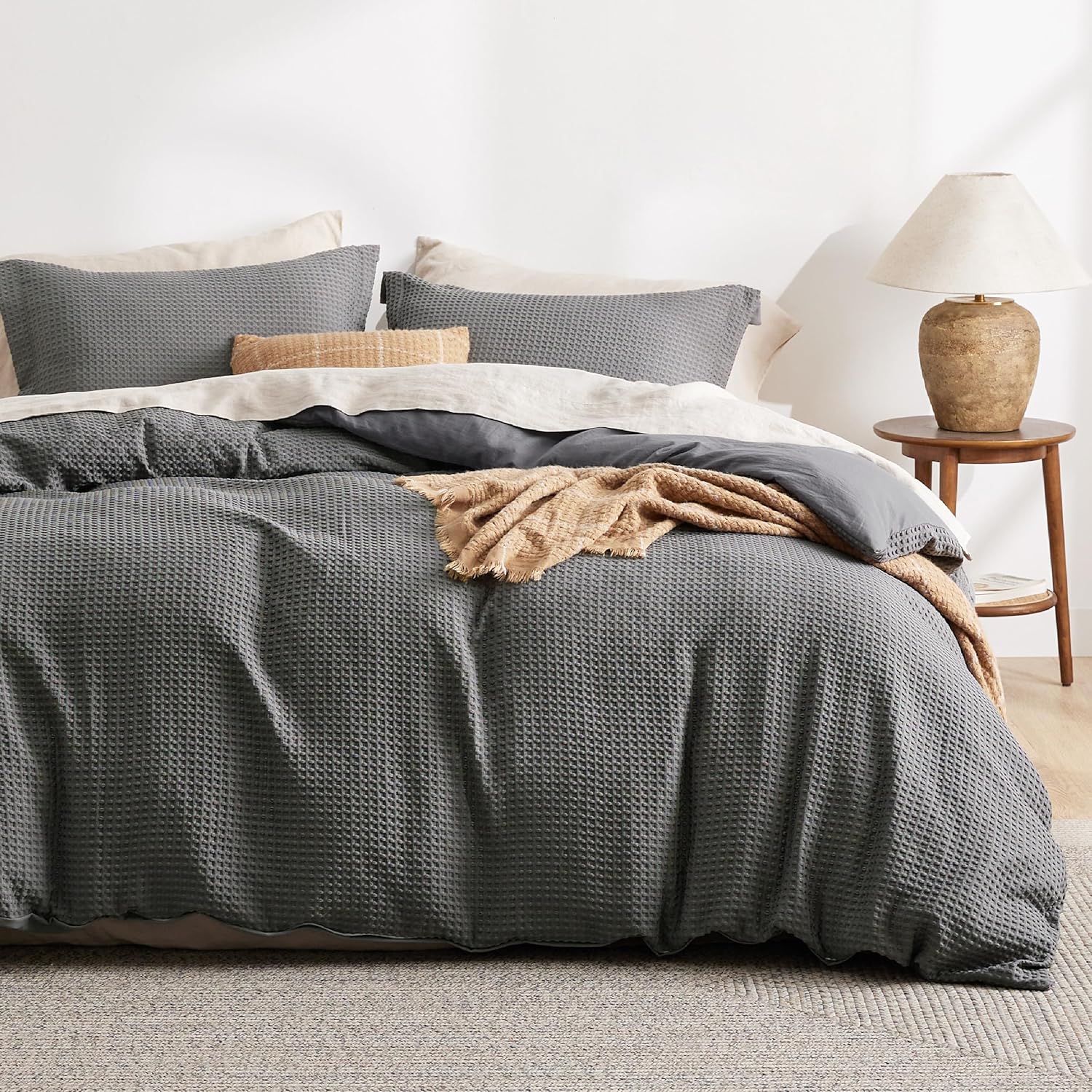 bedsure luxury waffle duvet cover queen size - textured duvet cover set, soft, breathable bedding set (90"x90") with 2 pillow shams for all season, dark grey, comforter not included