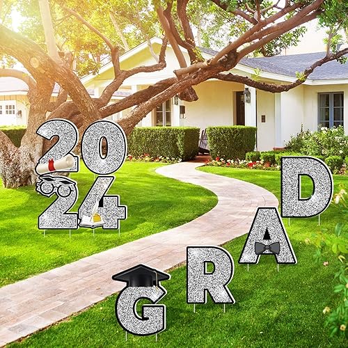 Miniatura 6 de Ruisita Decoraciones de fiesta de graduación de plata 2023, 8 piezas de letreros de graduación para patio con 28 piezas de estacas para decoración