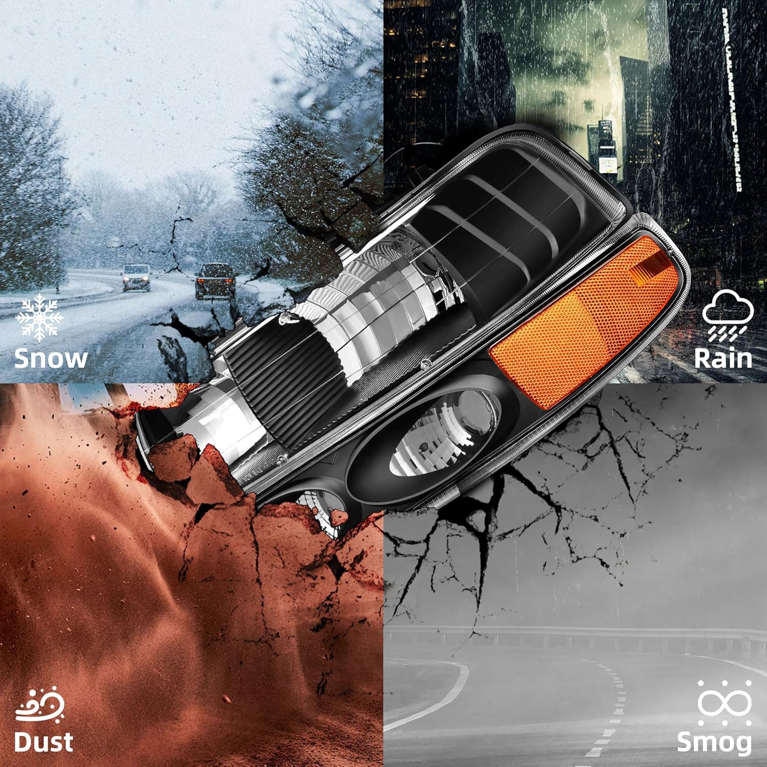 LEDKINGDOMUS Headlight Assembly Compatible with 99-02 Chevy Silverado 1500 2500/01-02 Silverado 1500HD 2500HD 3500/00-06 Suburban Tahoe Headlamp Pair Replacement with Bumper Lights Black Housing