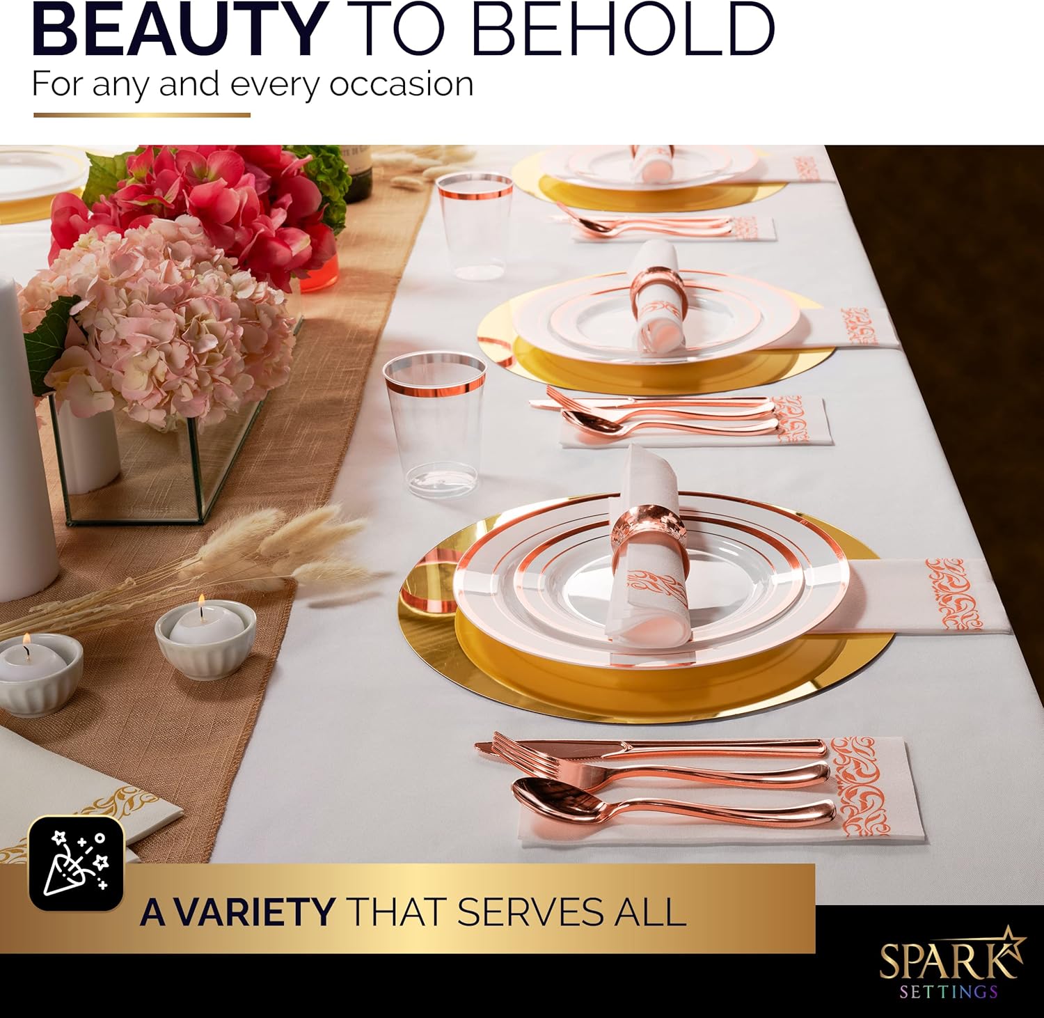 Rose Gold Plastic Plates For Party - Rose Gold Plastic Silverware - 350 PC Wedding Dinnerware Set 50 Guests, 100 Plastic Party Plates, 50 Cups, 50 Rose Gold Cutlery Sets & 50 Napkins-By SparkSettings