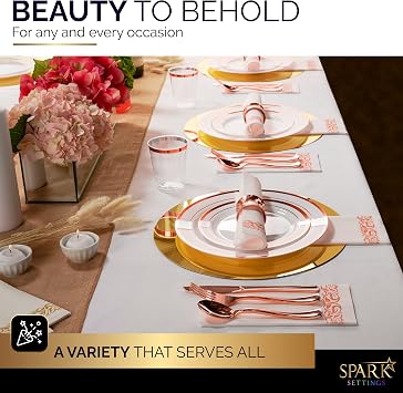 Rose Gold Plastic Plates For Party - Rose Gold Plastic Silverware - 350 PC Wedding Dinnerware Set 50 Guests, 100 Plastic Party Plates, 50 Cups, 50 Rose Gold Cutlery Sets & 50 Napkins-By SparkSettings
