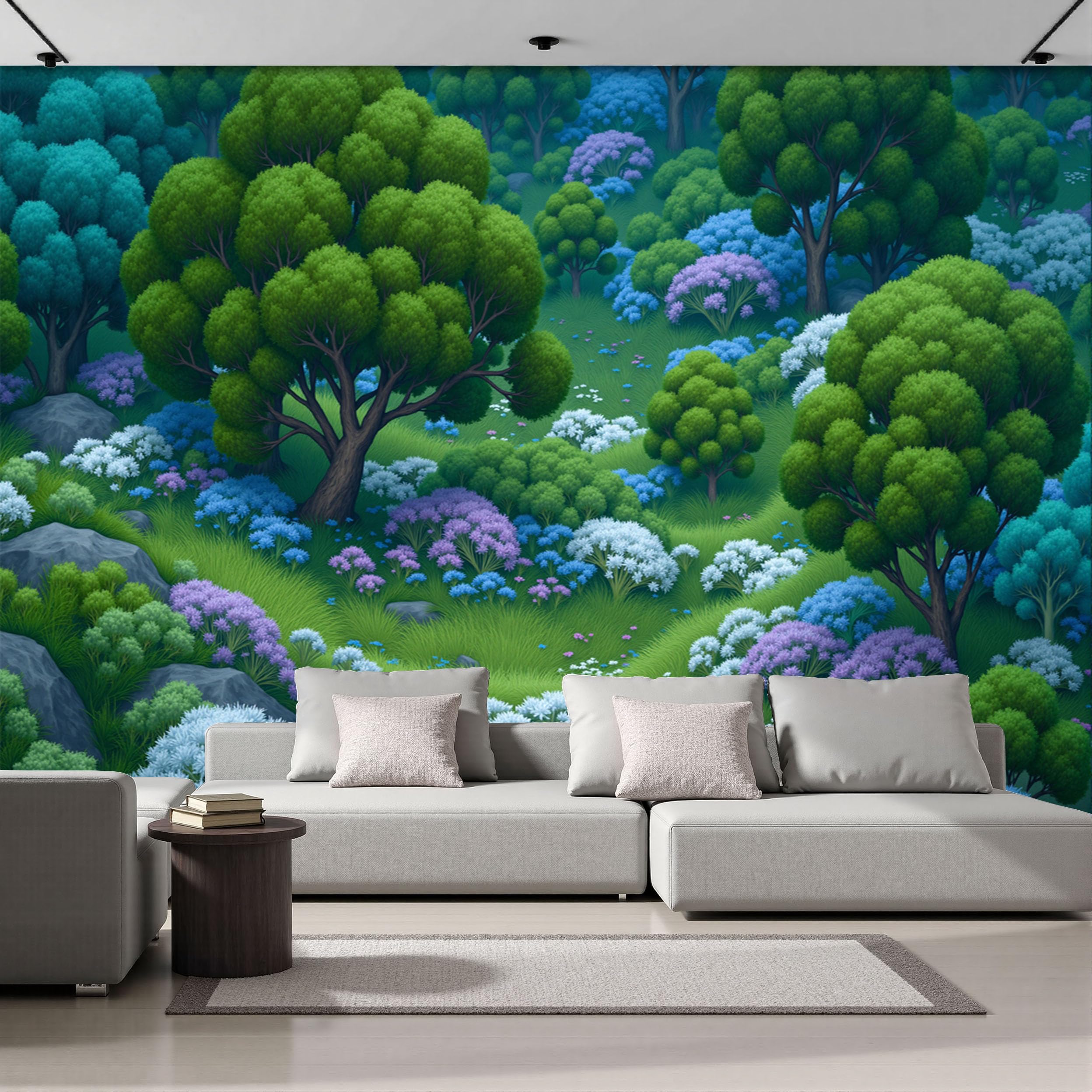 Papier peint vert panoramique 3D forêt et herbes 350x256cm pour mur de salon