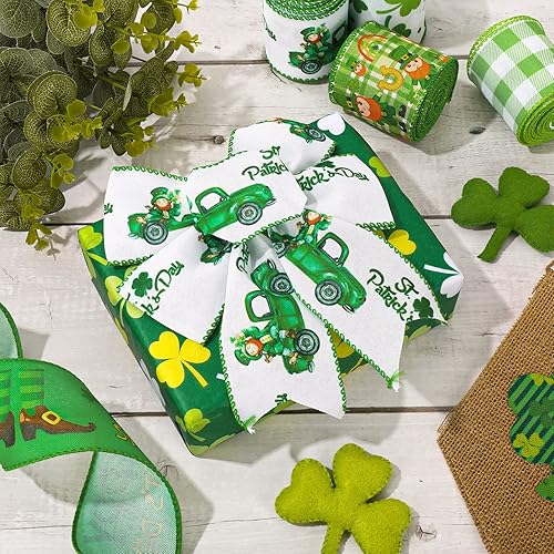 Miniatura 5 de AnyDesign Cinta de borde con alambre para el día de San Patricio de 25 pulgadas 36 yardas trébol duende elfo camión cinta de manualidades rollo de