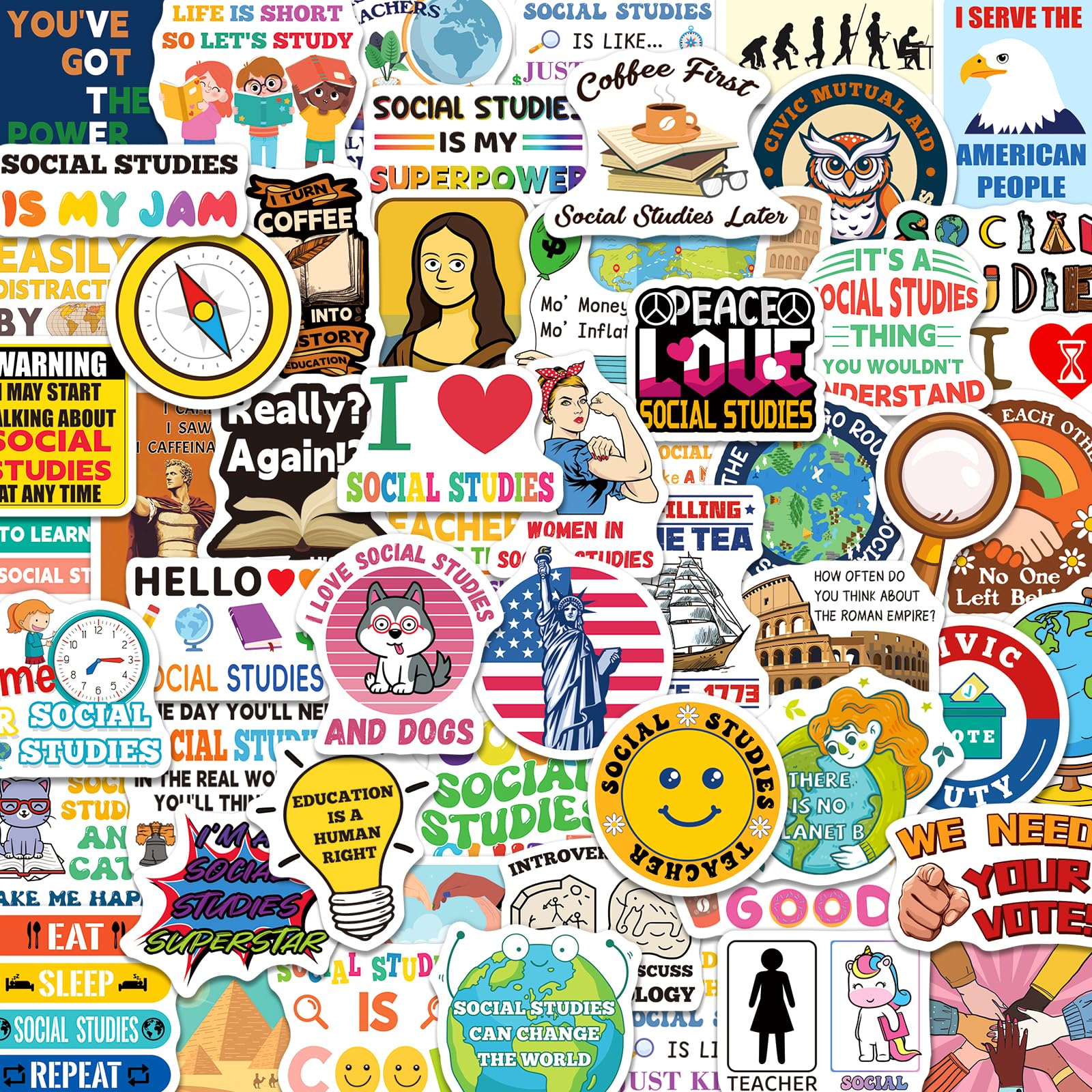 200 PCS Social Studies Stickers for Teachers, History Geography Economics Anthropology Vinyl Stickers for Laptop Water Bottle, Social Studies Classroom Decoration