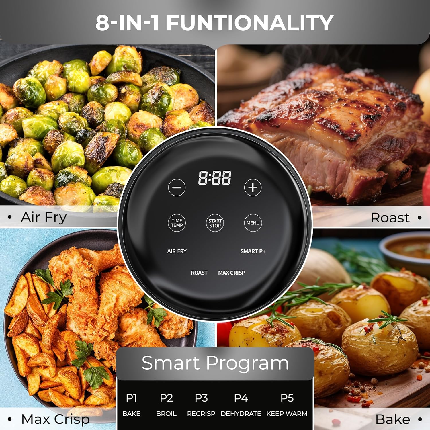 Rosewill 8-in-1 Portable Glass Air Fryer, 5.5QT & 1.6QT Dual Transparent Glass Cooking Pot with Storage Lid & Tongs, Compact Smart for Air Fry, Deep Roast, Recrisp, Bake and more – Black