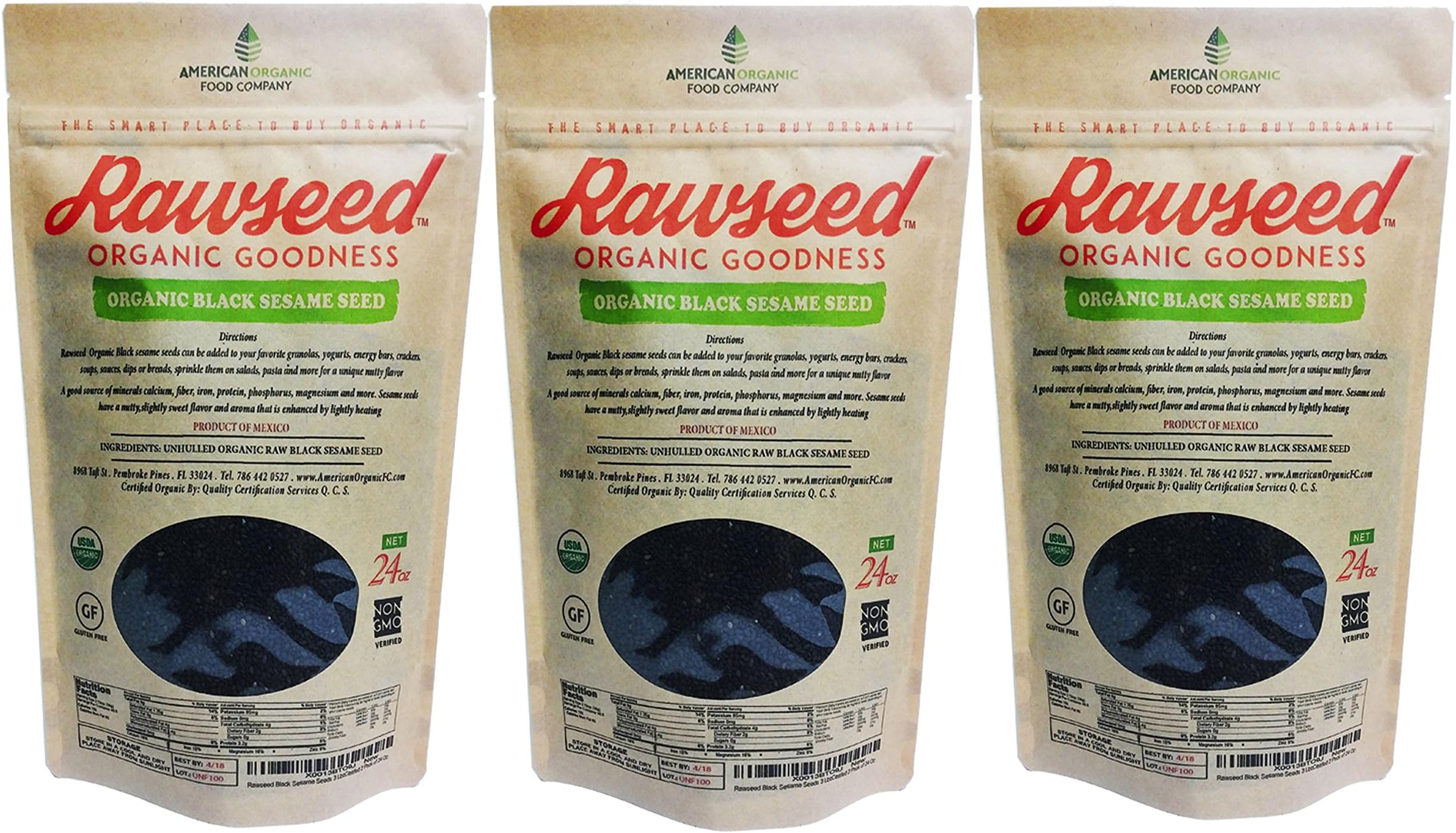 Rawseed Black (Raw Unhulled) Sesame Seeds 4 1/2 lbs (3 Pack 24 oz)
