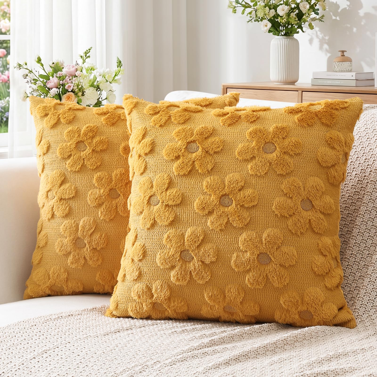 Artscope Spring Summer Cushion Covers Set of 2 Flowers Throw Pillow Covers for Sofa 50x50cm Square Seasonal Soft Plush Short Wool Velvet Cushion Case Holiday Decor Mustard Yellow