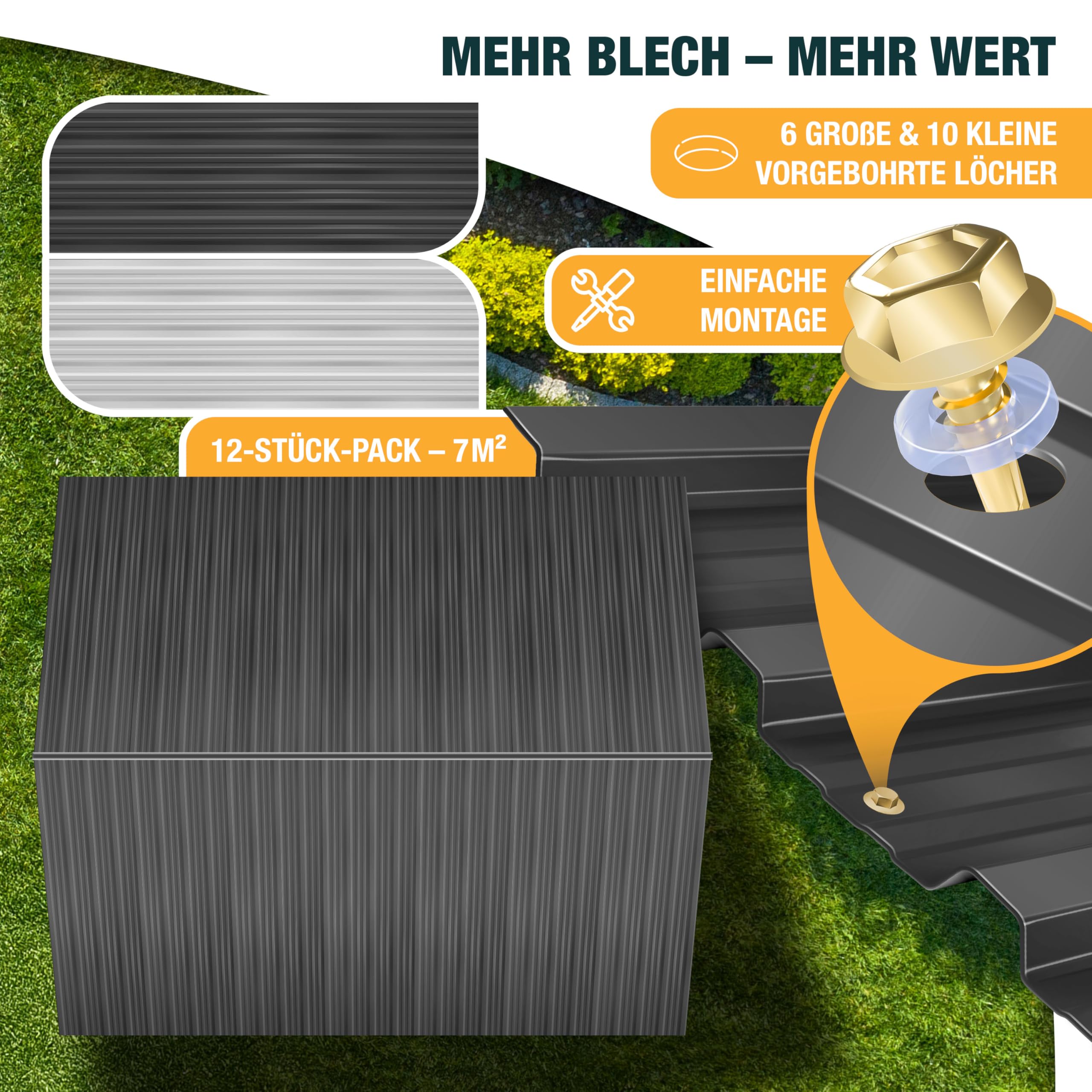 KESSER® 12 Stück Trapezblech Profilblech Set 129x45cm, 7 m² Dachblech verzinkter Stahl 0,25mm, Dachplatten für Gerätehaus, Schuppen & Dach + Schrauben, Unterlegscheiben & Montagehandschuhe, Anthrazit