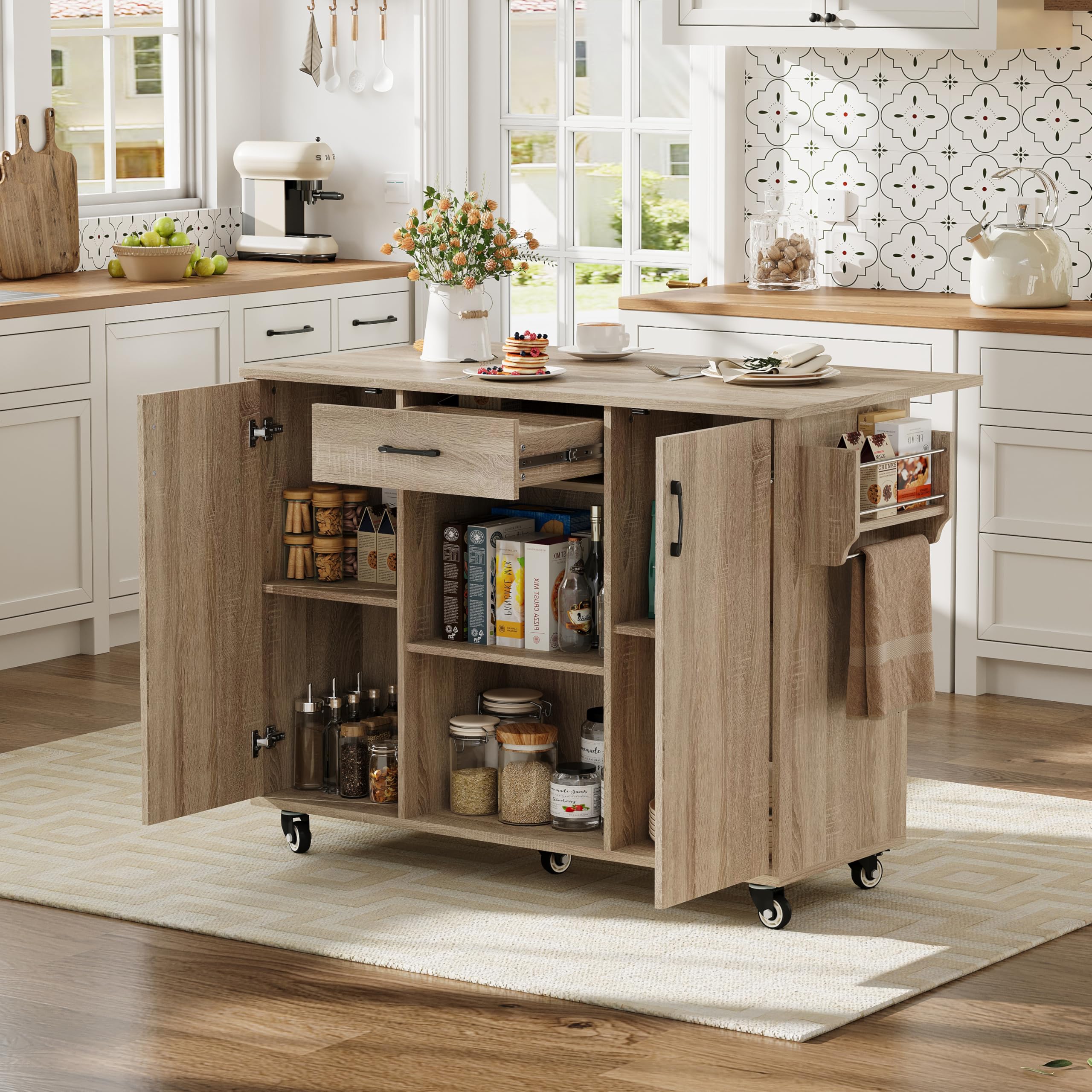 Generisch Carro de cocina plegable con ruedas, 120 cm, roble Sonoma con espacio de almacenamiento