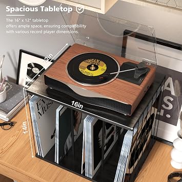 Vinyl Record Storage, Metal & Wooden Vinyl Record Holder Up to 80 LP Albums, 3-Compartment Record Player Stand for Magazine, Book, Files, Albums (Black)
