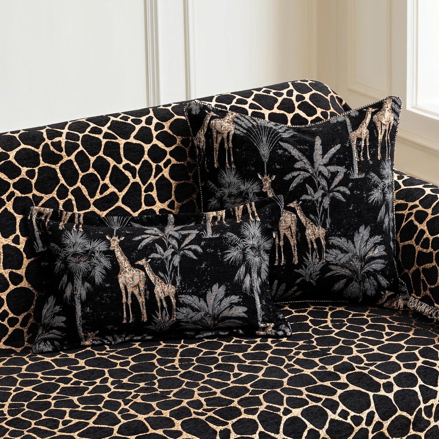 Safari Giraffe Print Couch Cover for Sofa, Luxury Wild Animal Jacquard Chenille Sofa Covers for Dogs, Black Couch Slipcover with Fringe Furniture Protector for Pets(Black Gold, 71" x118")