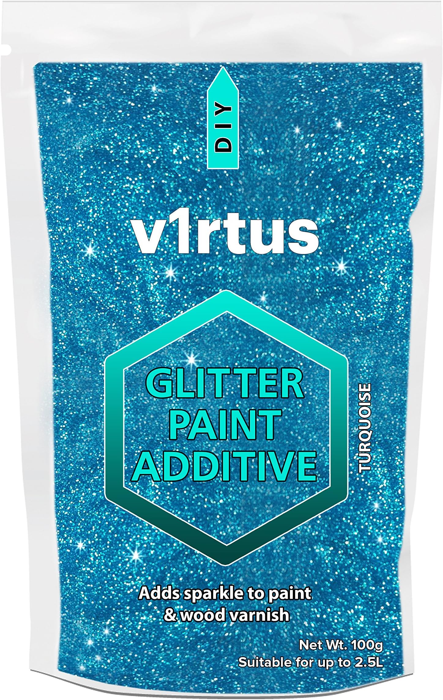 v1rtus Glitter Paint Additive - Turquoise Blue | Metallic Flakes for Adding Sparkle to Paints & Wood Varnish | Add to Emulsion, Acrylic & Latex for Indoor Sparkly Walls | 100 g