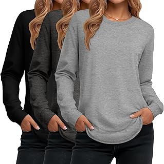 Paquete de 3 camisetas largas sin botones y de manga larga para mujer, estilo casual, cuello redondo, ajuste holgado, con dobladillo curvado, a la moda
