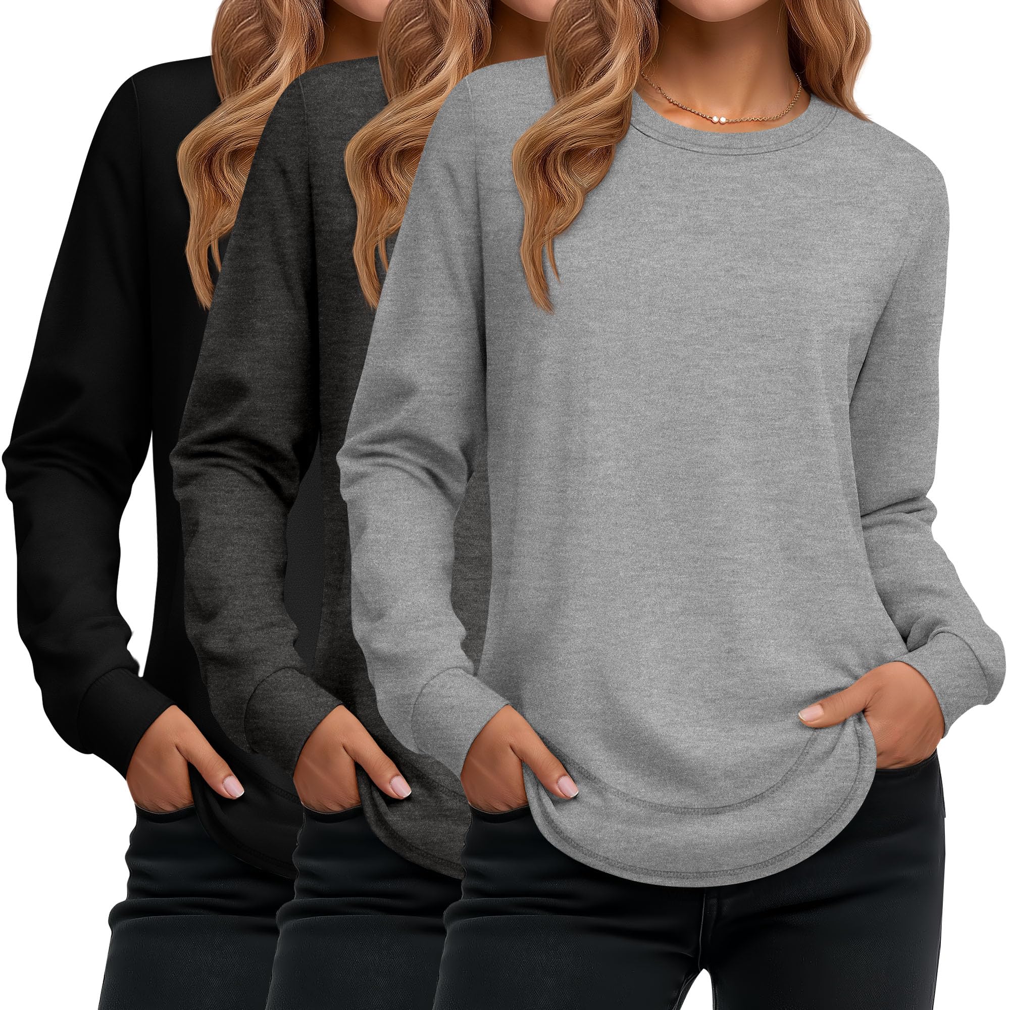 Ficerd 3 Pack Women's Long Sleeve Shirts, Cotton Crew Neck Tunic Tops Casual Loose Fit Pullover Sweatshirts Curved Hem Shirts