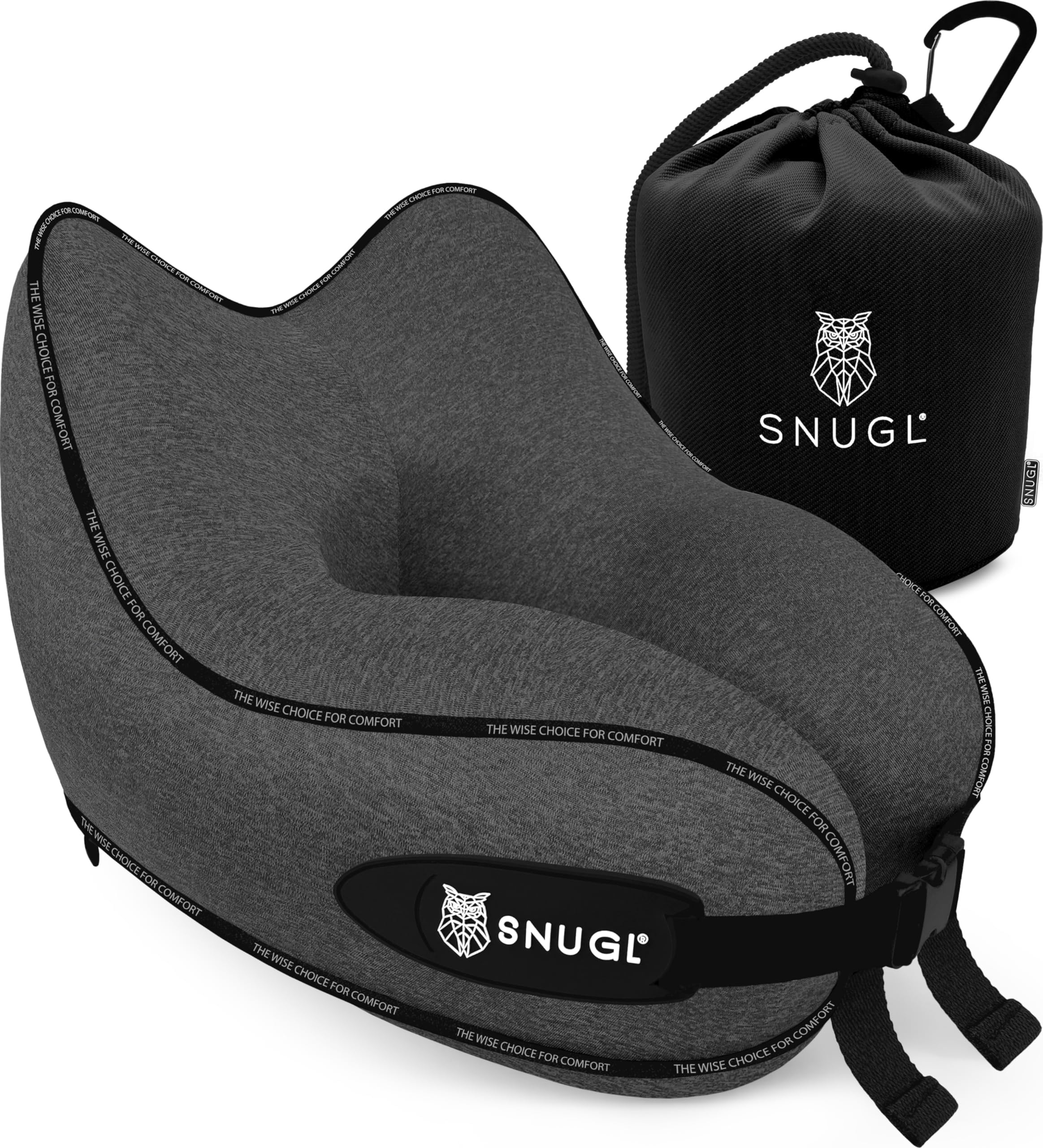 SNUGLTravel Pillow – Memory Foam Neck Pillow for Travel – Support Cushion for Airplane with Carry Bag & Clip - Holiday Essentials (Dark Grey - Adult Small)