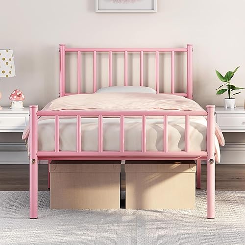 Yaheetech Twin Size Bed Frame Metal Platform Bed Frame Mattress Foundation with Spindle Headboard & Footboard/No Box Spring Needed/14 Inch Underbed Storage/Firm Support & Easy Set up Structure, Pink