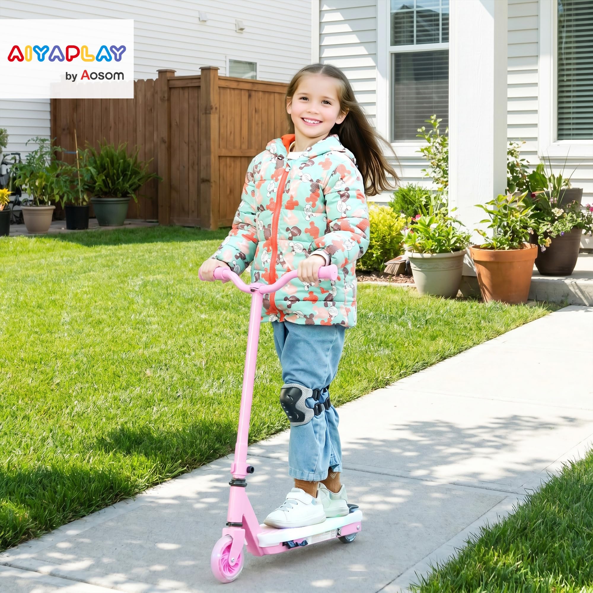AIYAPLAY Patinete eléctrico para niños de 6 km/h y 8 km, 6 kg ligero, con ruedas traseras auxiliares, luz LED intermitente y freno eléctrico, para niños y niñas de 4 a 7 años