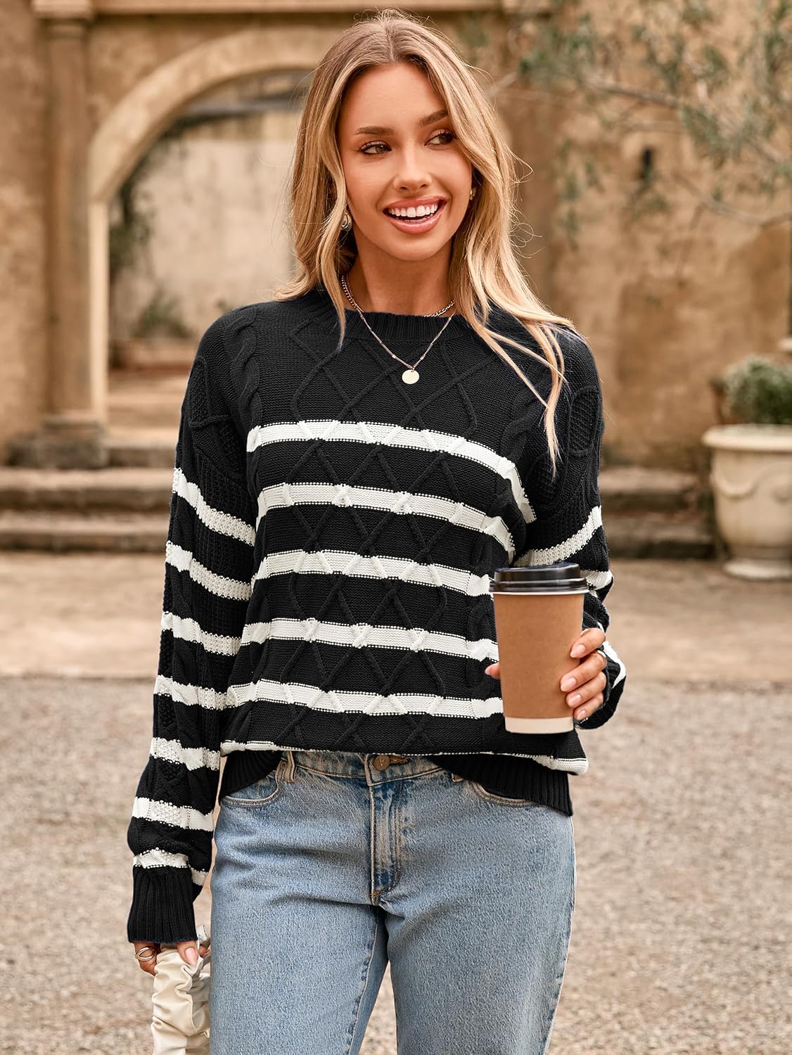 Glamaker Womens Striped Cable Knit Sweater Long Sleeve Crewneck Fall Pullover 2025 Trendy Winter Chunky Tops Fashion - Image 5