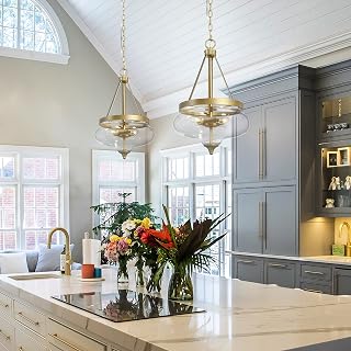 Modern Glam Chandelier 3-Light Clear Glass Lantern Farmhouse Pendant Lights for Kitchen Island Bronze Gold 3 D12.5 x H20.5 Adjustable,Under 12