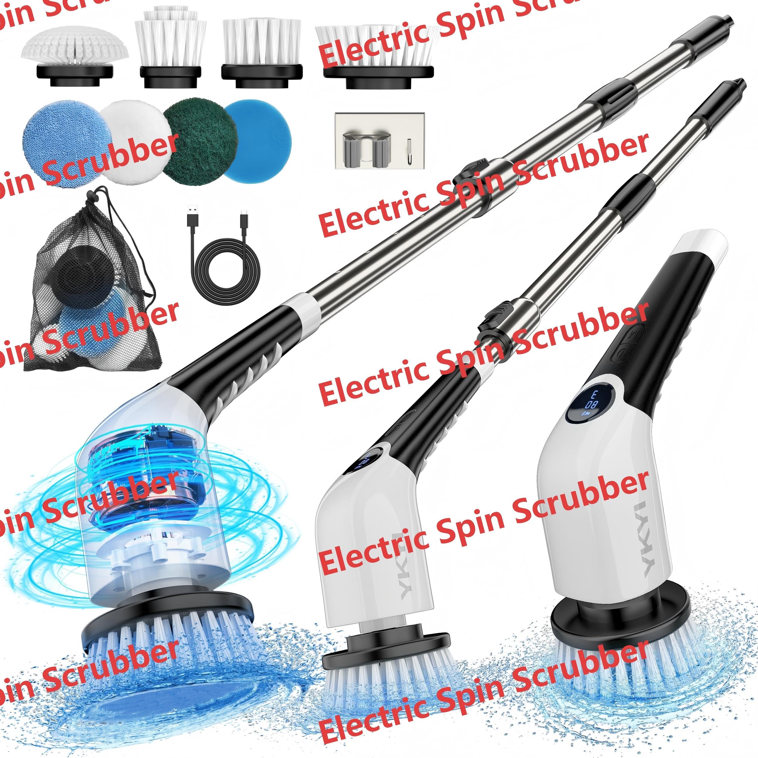 YKYI Electric Spin Scrubber,Cordless Cleaning Brush,Shower Cleaning Brush with 8 Replaceable Brush Heads, Power Scrubber 3 Adjustable Speeds,Adjustable & Detachable Long Handle,Voice Broadcast